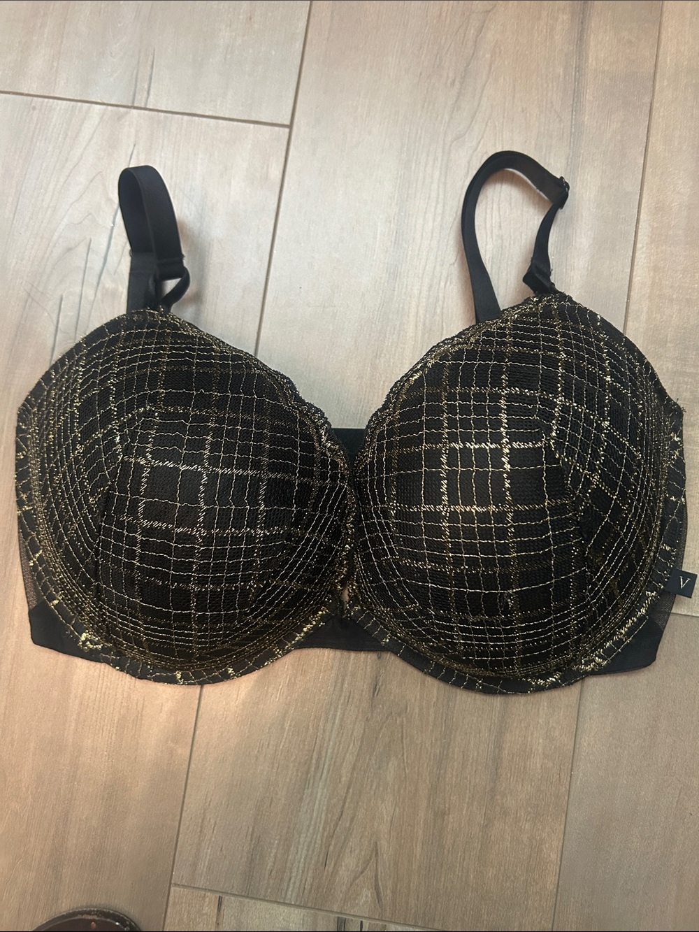Victoria's Secret Black Bra with Gold Grid Accents push up